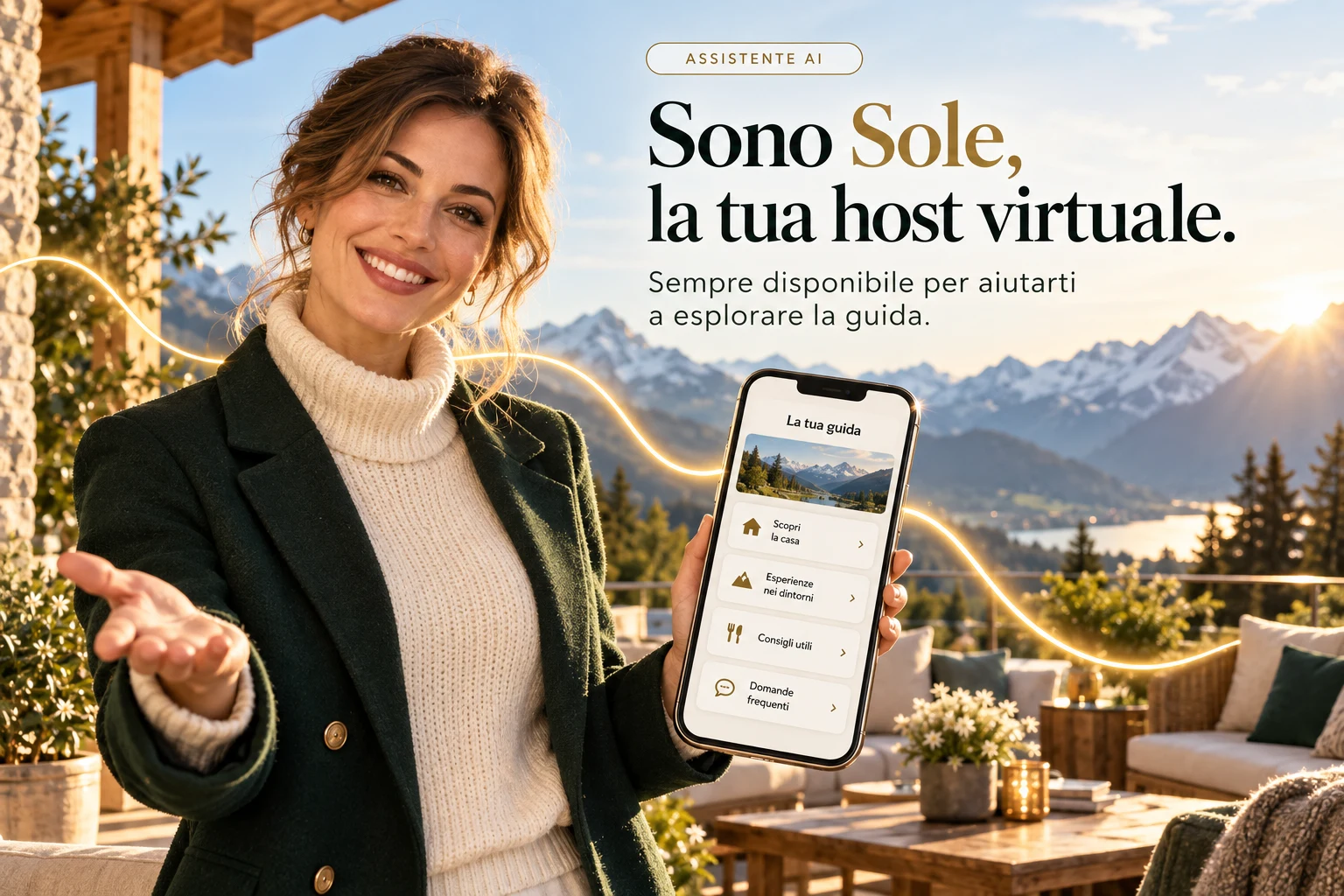 Sole, assistente virtuale AI, sulla terrazza alpina